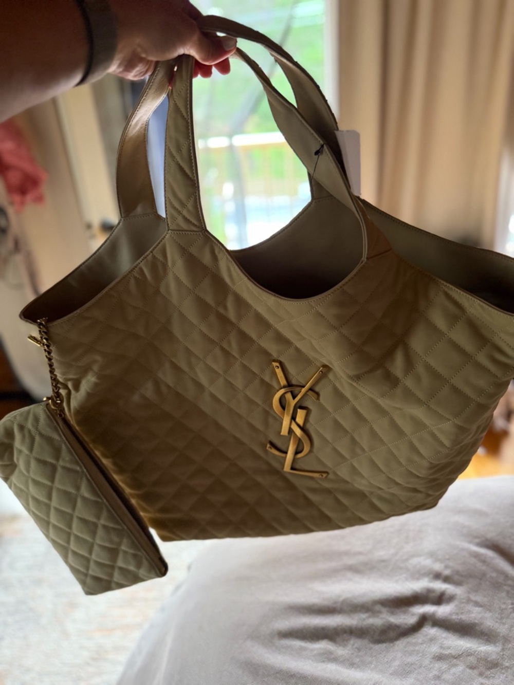 Saint Laurent Quilted Tote in Olive with Gold YSL Hardware